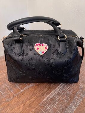 Juicy Couture Black Embossed Heart Satchel with Colorful Heart Pin
